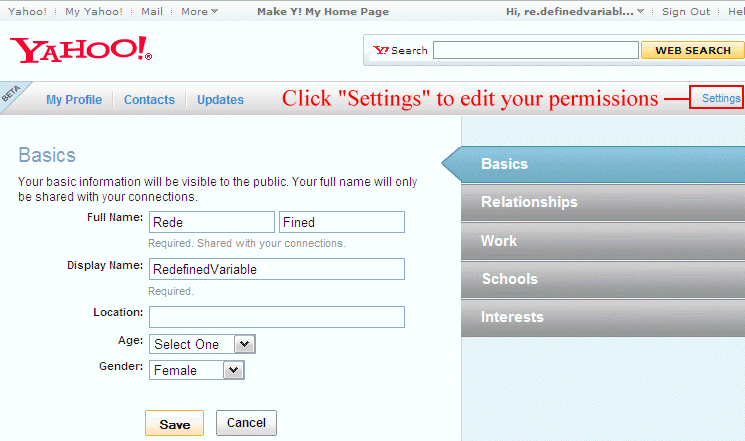 Yahoos permissions page