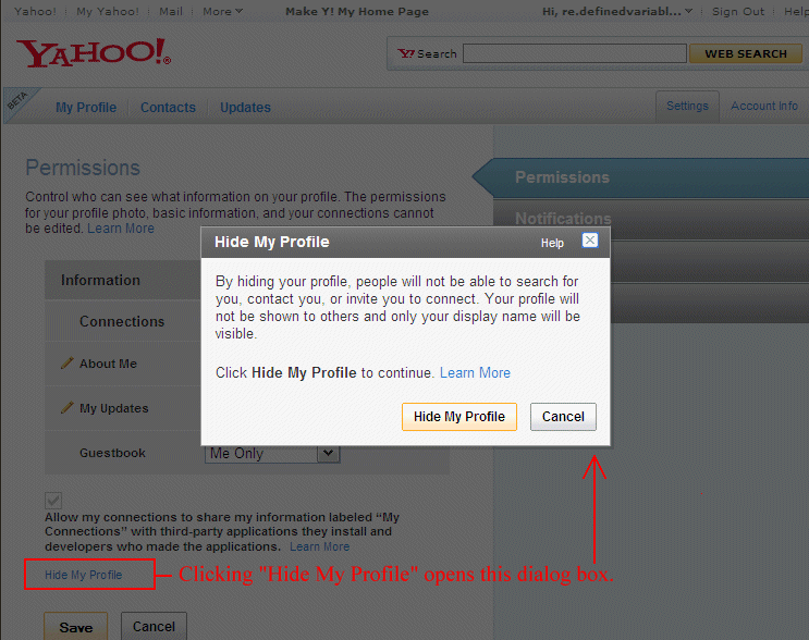 Yahoos hide profile option
