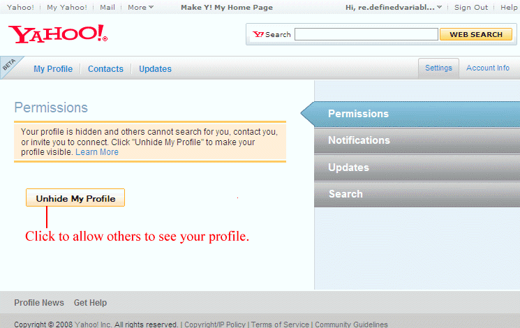 Yahoos hiden profile permissions page